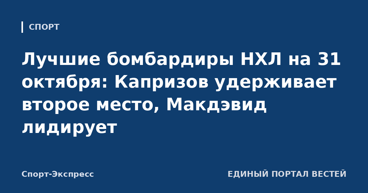Лучшие бомбардиры НХЛ на 31 октября: Капризов удерживает второе место, Макдэвид лидирует