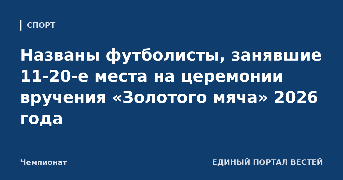 Названы футболисты, занявшие 11-20-е места на церемонии вручения «Золотого мяча» 2026 года