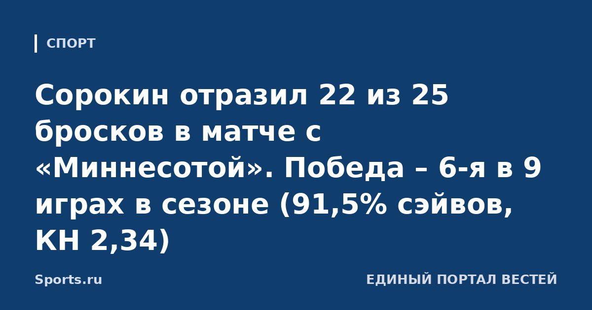 Сорокин отразил 22 из 25 бросков в матче с «Миннесотой». Победа – 6-я в 9 играх в сезоне (91,5% сэйвов, КН 2,34)