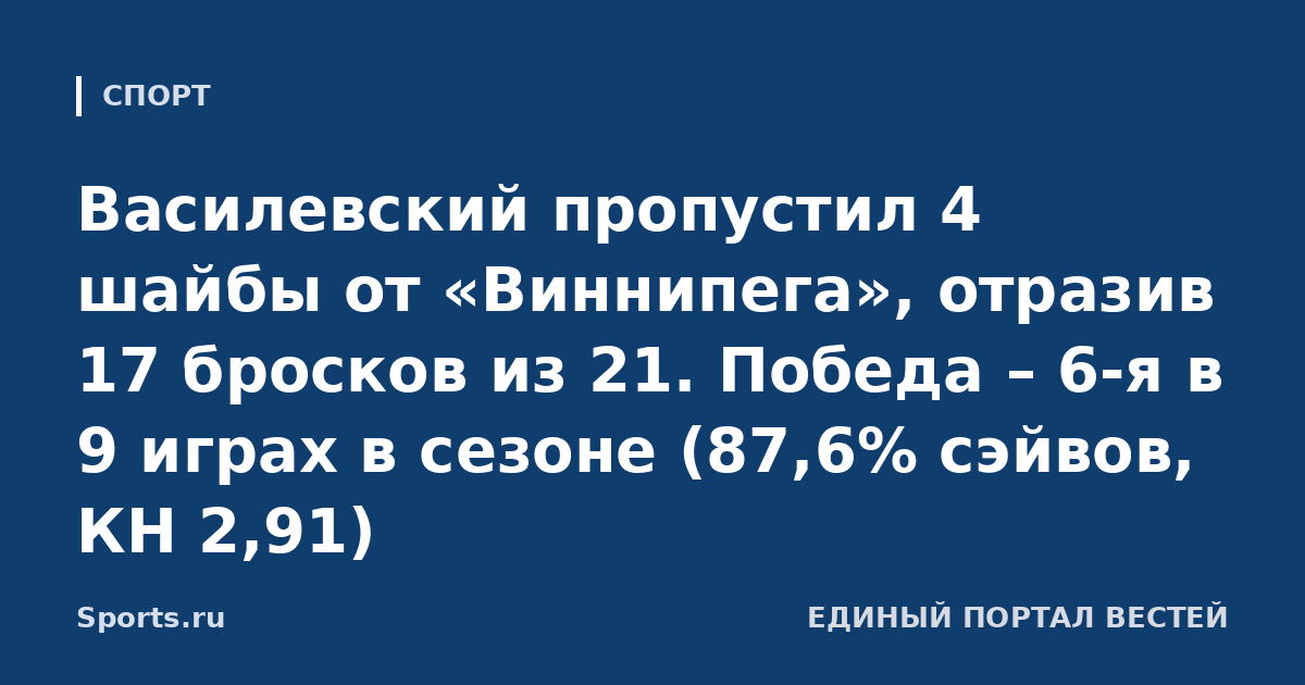 Василевский пропустил 4 шайбы от «Виннипега», отразив 17 бросков из 21. Победа – 6-я в 9 играх в сезоне (87,6% сэйвов, КН 2,91)