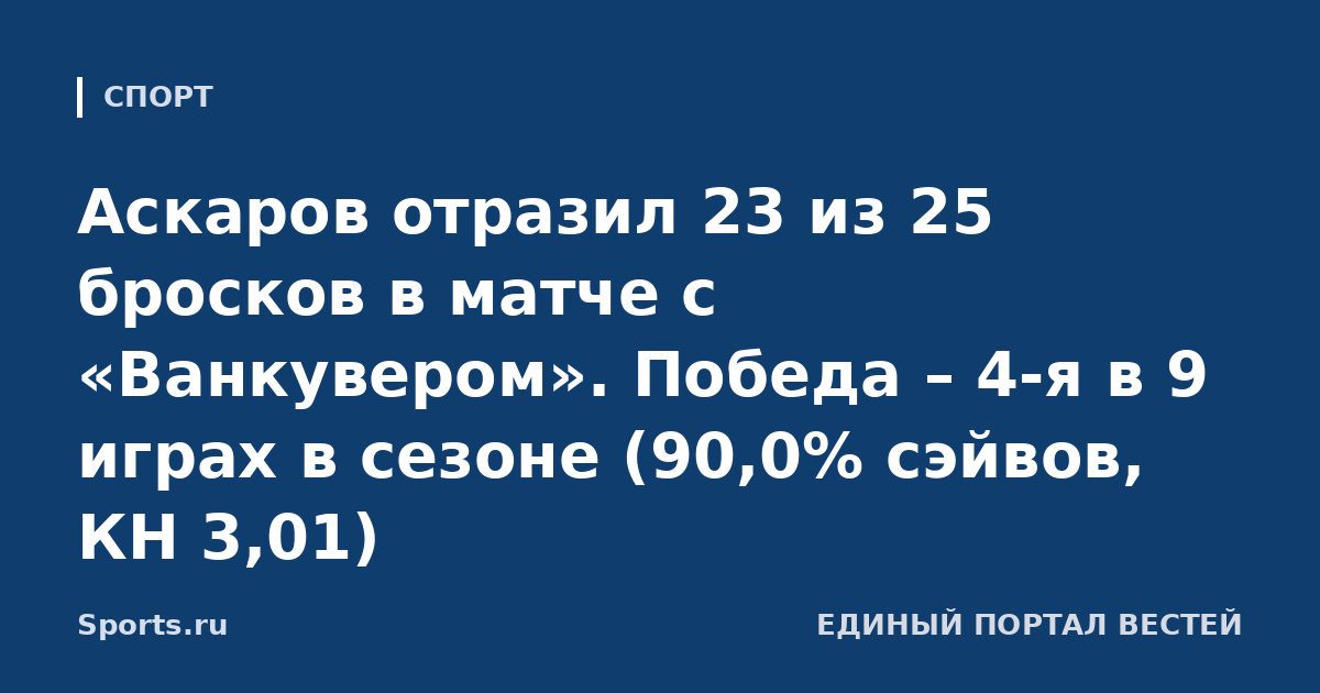 Аскаров отразил 23 из 25 бросков в матче с «Ванкувером». Победа – 4-я в 9 играх в сезоне (90,0% сэйвов, КН 3,01)