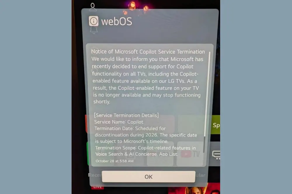 Microsoft прекращает поддержку Copilot на смарт-телевизорах LG