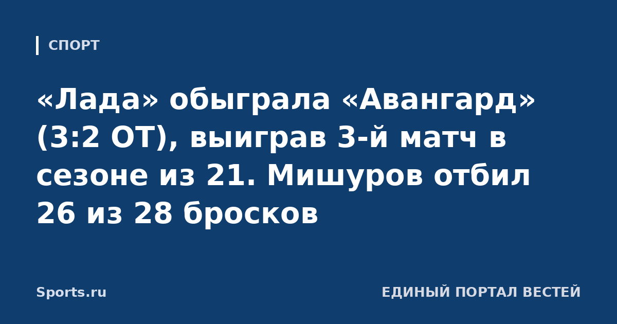 «Лада» обыграла «Авангард» (3:2 ОТ), выиграв 3-й матч в сезоне из 21. Мишуров отбил 26 из 28 бросков