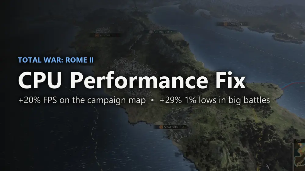 Мод для Total War: Rome 2, оптимизирующий работу процессора, повышает FPS на 20% и улучшает показатели 0,1% low на 33%