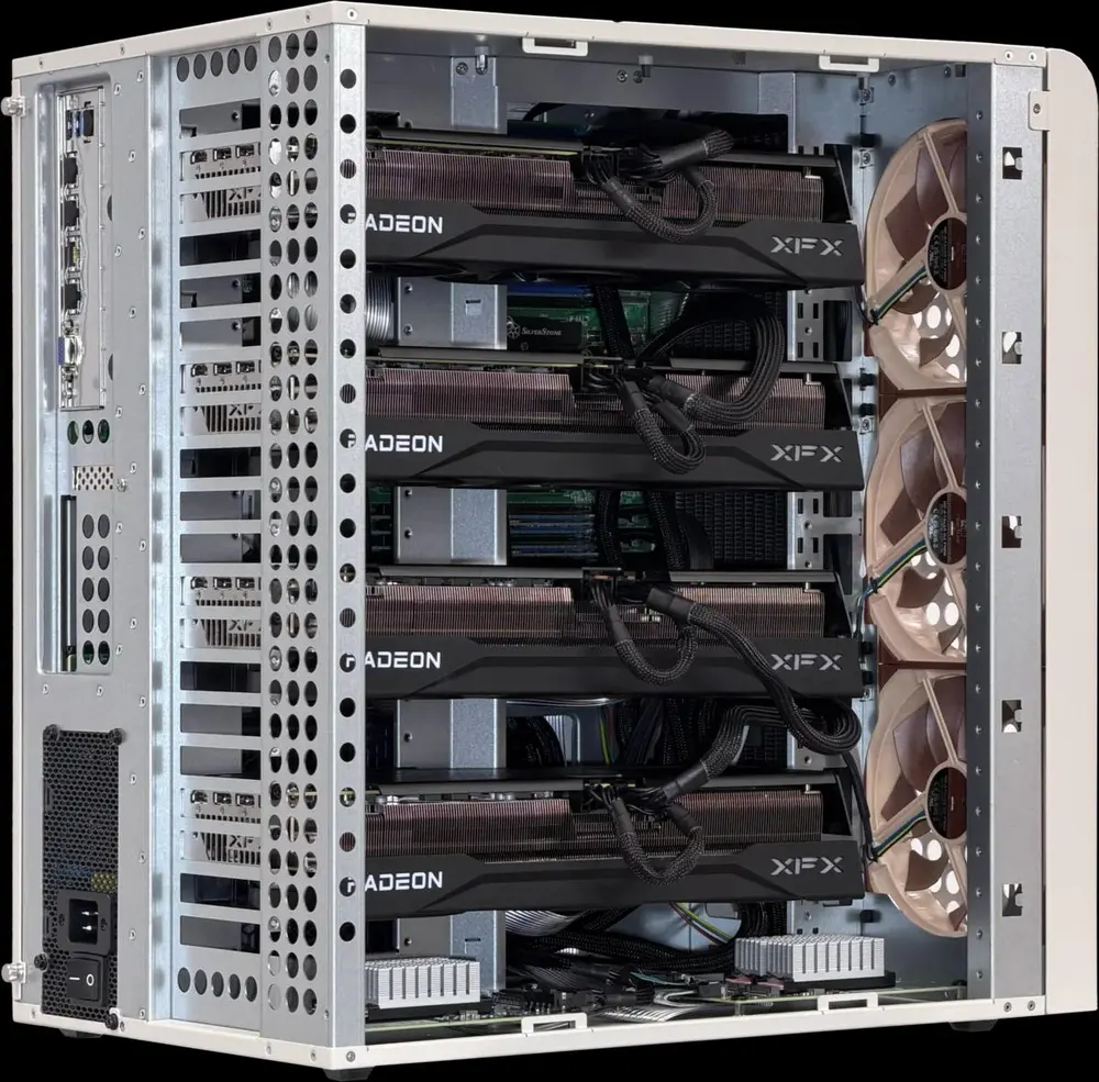 Одна RTX 5090 за 8000 долларов либо четыре RX 9070 XT всего за 4000. Вышла рабочая станция Tiny Corp Tinybox AI