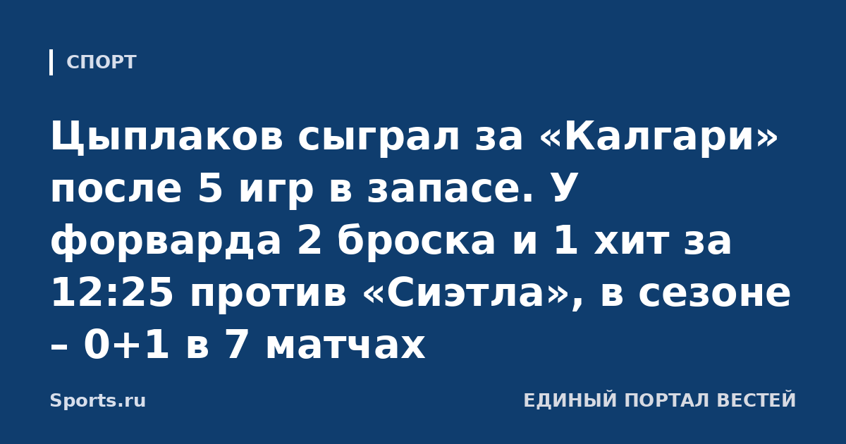 Цыплаков сыграл за «Калгари» после 5 игр в запасе. У форварда 2 броска и 1 хит за 12:25 против «Сиэтла», в сезоне – 0+1 в 7 матчах