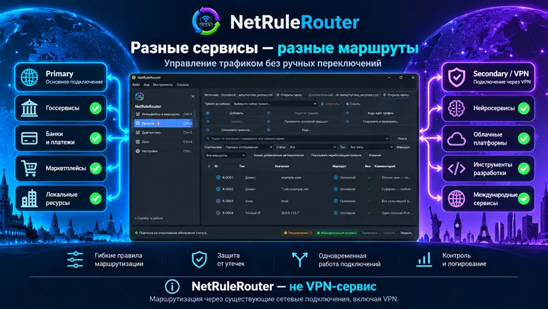 Написал NetRuleRouter, чтобы сайты, приложения и сети работали через разные подключения без отключения VPN