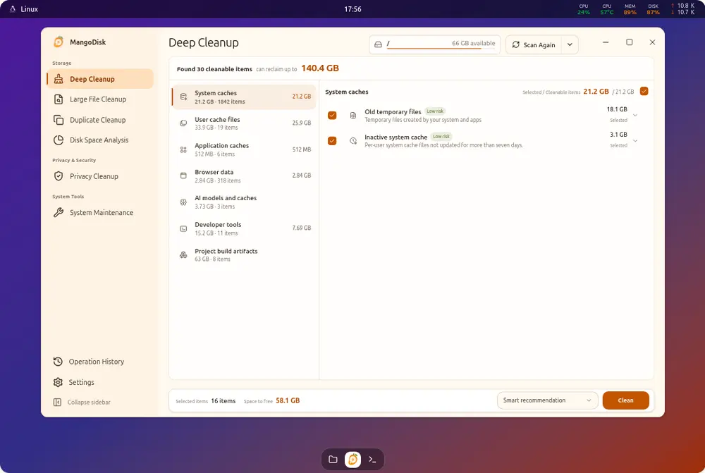 Вышел открытый проект MangoDisk — инструмент для очистки диска и анализа хранилищ для ПК на Windows, macOS и Linux