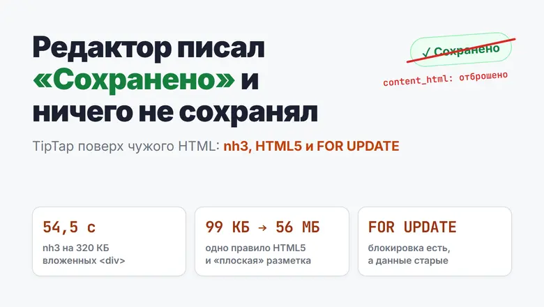 Редактор писал «Сохранено» и ничего не сохранял: TipTap поверх чужого HTML