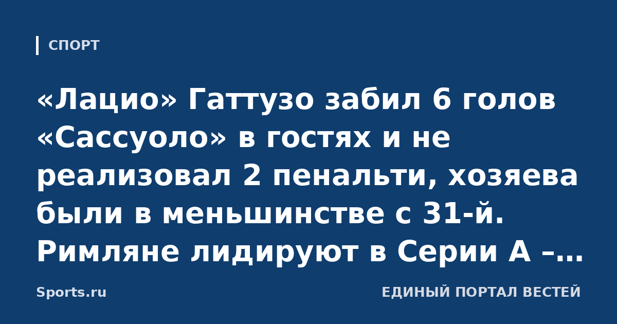 «Лацио» Гаттузо забил 6 голов «Сассуоло» в гостях и не реализовал 2 пенальти, хозяева были в меньшинстве с 31-й. Римляне лидируют в Серии А – «Интер» отстает на 3 очка при матче в запасе