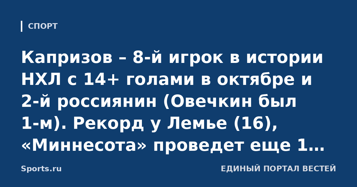 Капризов – 8-й игрок в истории НХЛ с 14+ голами в октябре и 2-й россиянин (Овечкин был 1-м). Рекорд у Лемье (16), «Миннесота» проведет еще 1 матч до конца месяца